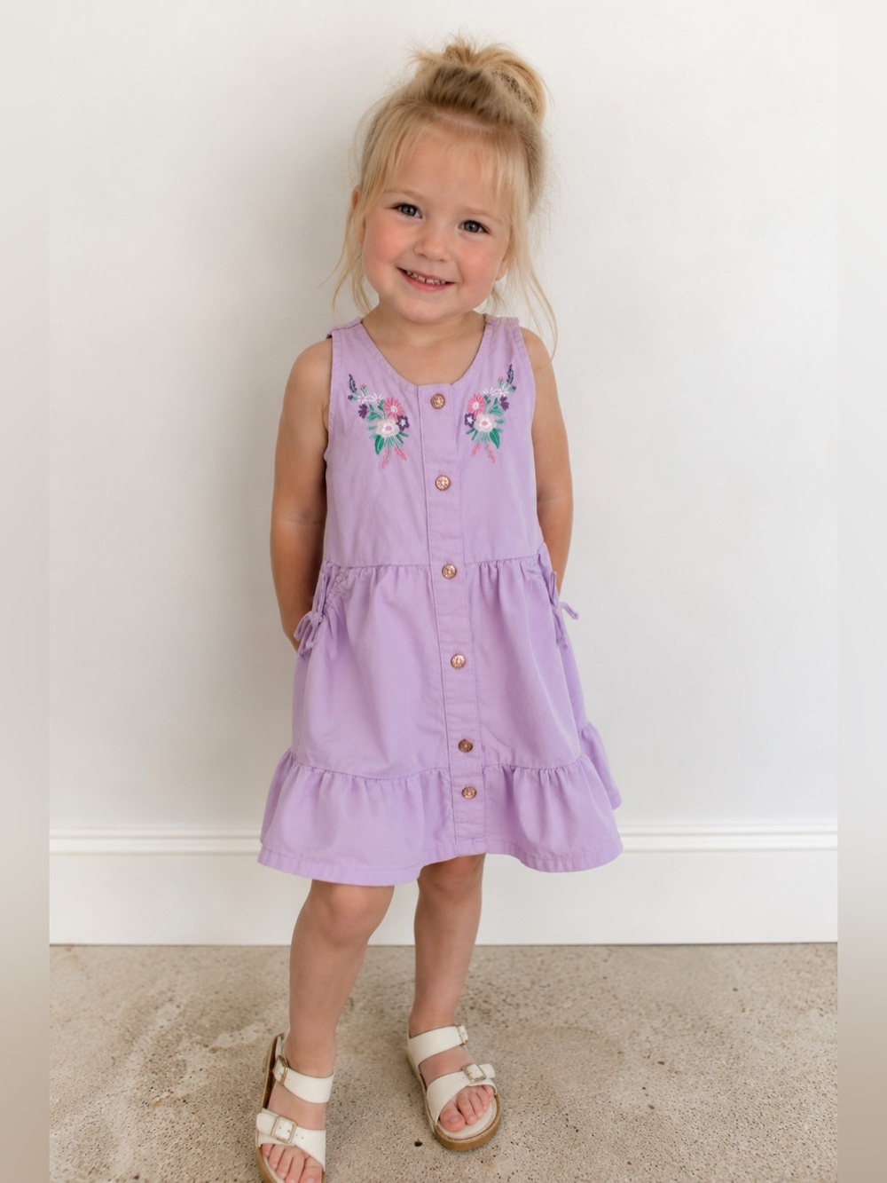 Nanette Lepore Toddler Dress 3T Purple Embroidered Floral Bow Back 100% Cotton